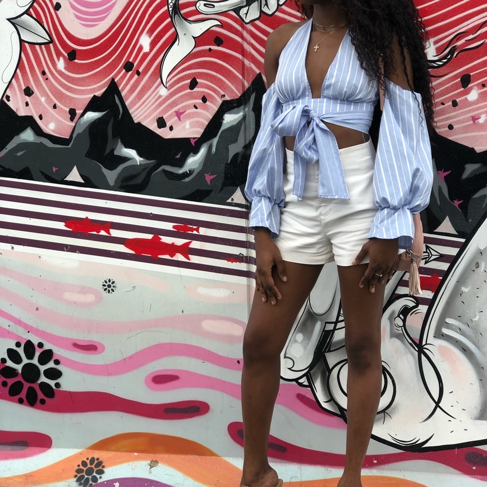 Blue Stripe Halterneck Puff Sleeve Shirt